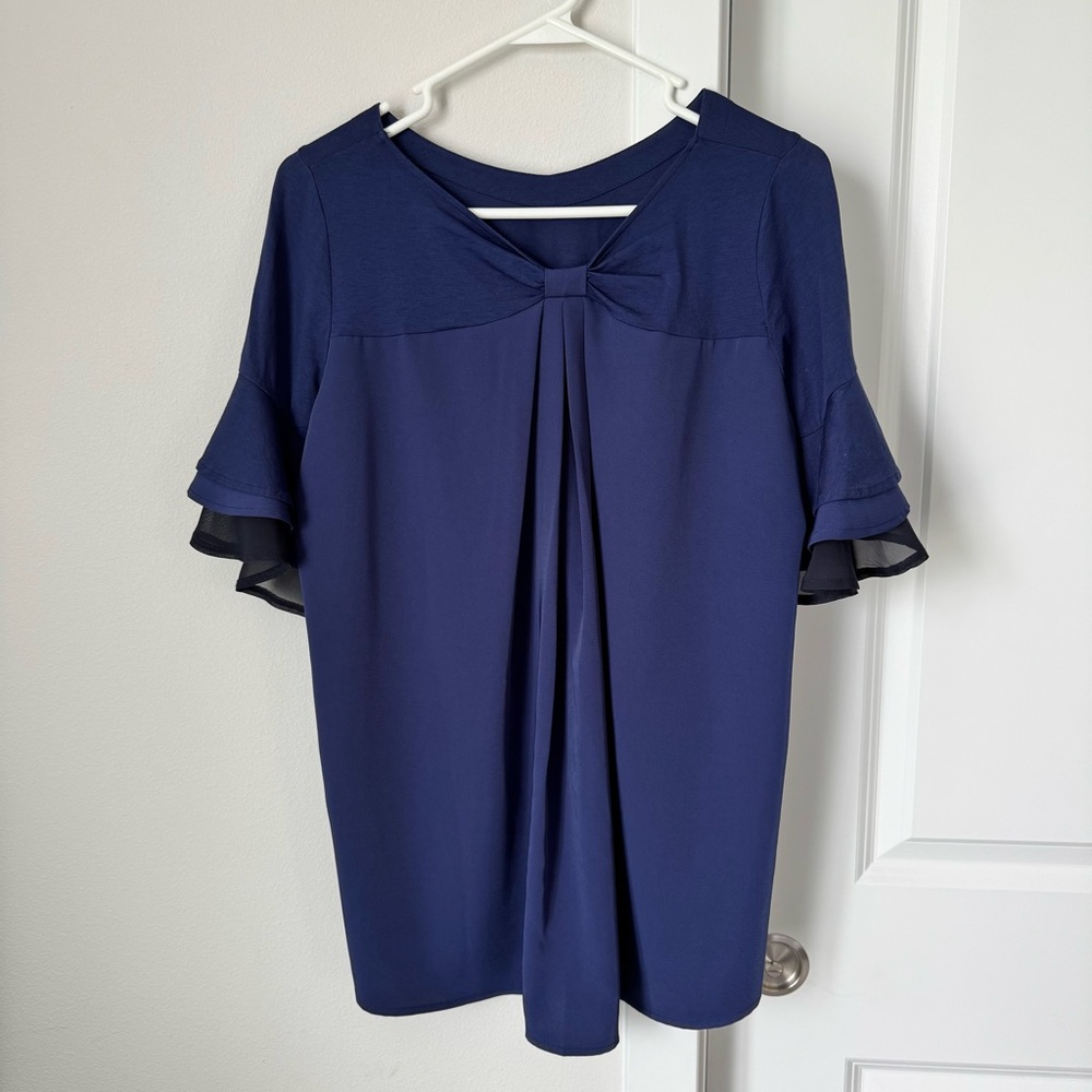 Anela Lux Navy Blue and Black Blouse Size 9 Bow Ruffle Business Casual Fall - Picture 2 of 13